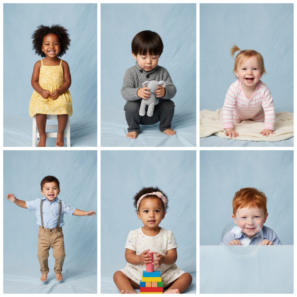 Professional photographer taking photos of happy preschool children in a bright classroom